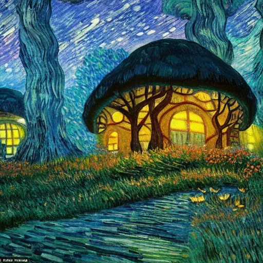 Image similar to mysterious detailed painting of a fairytale cottage in the woods at night, surrounded by giant glowing mushrooms, in the style of studio ghibli and moebius and claude monet and edward hopper and vincent van gogh