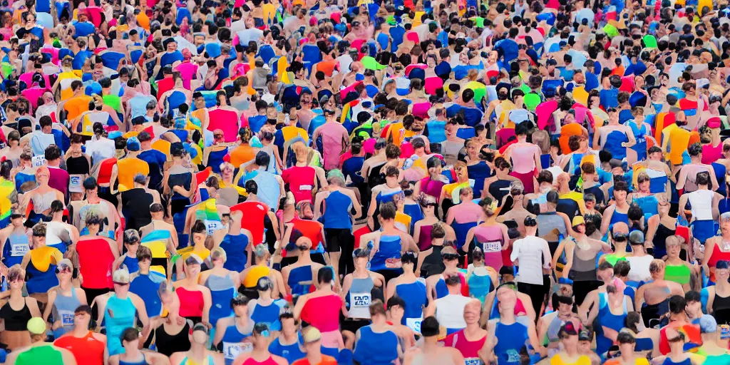 Image similar to sketch of marathon runners in a long row, studio background, studio lighting, fashion shoot, detailed, diverse crowd, new balance colours