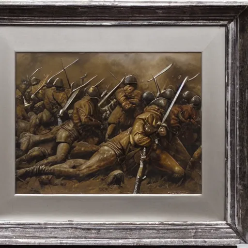 Prompt: oil painting of a ground covered in medieval silver soldier corpses, war, storm dawn, by Frank Frazetta, by Georgia O Keeffe sfumato, realistic