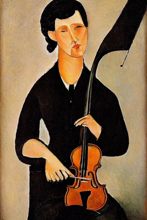 Image similar to violin player portait by modigliani, intricate, highly detailed, hyper realistic, soft shadow