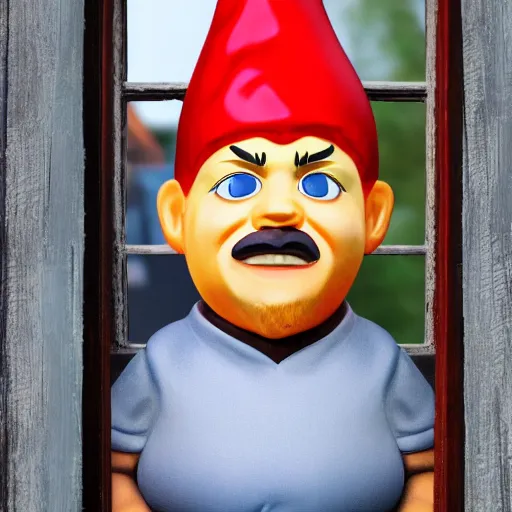 Image similar to guy fieri lawn gnome looking in through the window, realistic 4k photo, dramatic, ominous