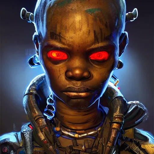 Image similar to a dark and ominous cyborg african child soldier with glowing eyes and facial scarification marks, Apex Legends character digital illustration portrait design, by android jones and greg rutkowski in a cyberpunk voodoo style, retrowave color scheme, detailed, cinematic lighting, wide angle action dynamic portrait