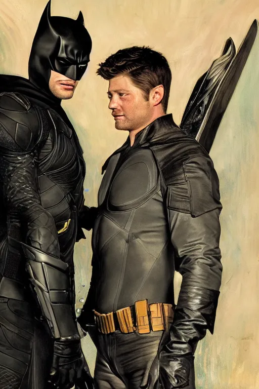 Image similar to a detailed matte portrait of jensen ackles dressed as batman and misha collins dressed as robin, masterpiece, 8 k, art by alphonse mucha and greg rutkowski