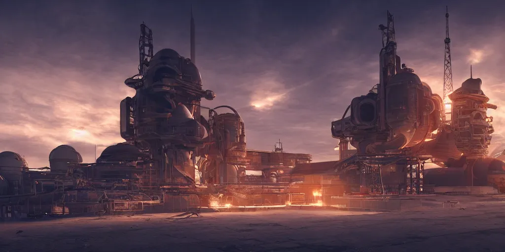 Prompt: futuristic steampunk rocket launch station, baikonur, stunning volumetric lighting, sundown, trending on Artstation, 8k, photorealistic, hyper detailed, unreal engine 5, cinematic, epic lighting, cryengine, octane render, cyberpunk, red and orange glow