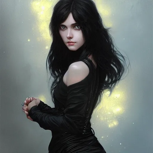 Image similar to portrait of teenage girl with long glossy black hair, blue eyes, glowing skin, fashion model features, fantasy, intricate, elegant, black dress, highly detailed, digital painting, artstation, concept art, smooth, sharp focus, illustration, art by Krenz Cushart and Artem Demura and alphonse mucha