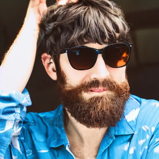 Prompt: anime blue eyed brown haired man with a short beard with hair that parts to the left wearing sunglasses and a hawaiian shirt