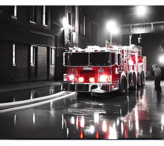 Image similar to A firetruck at night, city streets, back view, off angle, rule of thirds, dark shading, flashing lights, wet reflective concrete, city, photograph, award winning, deviantart