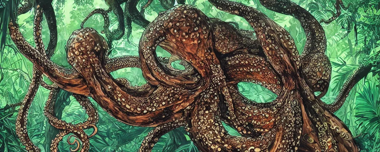 Prompt: Portrait of a large octopus creature swinging between trees in a jungle, intricate, elegant, highly detailed, smooth, sharp focus, detailed face, high contrast, bold warm and cool colour palette, graphic novel, art by Ardian Syaf and Pepe Larraz,