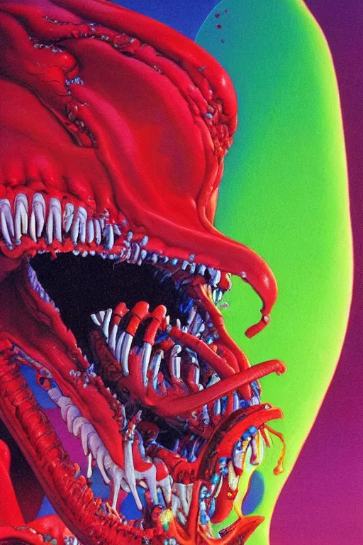 Prompt: a colorful vibrant closeup portrait of a xenomorph licking a tab of LSD acid on his tongue and dreaming psychedelic hallucinations, by kawase hasui, moebius, Edward Hopper and James Gilleard, Zdzislaw Beksinski, Steven Outram colorful flat surreal design, hd, 8k, artstation