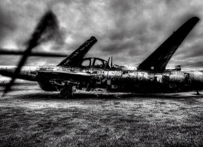 Image similar to black and white photograph of a crashed abandoned military jet in kansas city, rainy and foggy, soft focus