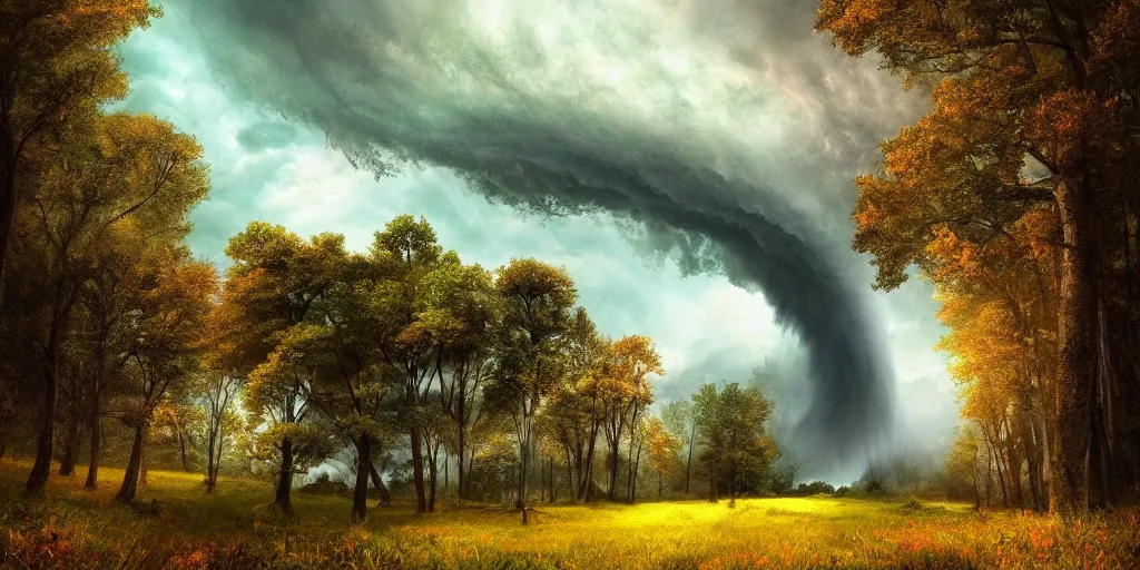 Image similar to A tornado in a beautiful scenic landscape, nature, trees, colorful, wide angle, super highly detailed, professional digital painting, artstation, concept art, smooth, sharp focus, no blur, no dof, extreme illustration, Unreal Engine 5, Photorealism, HD quality, 8k resolution, cinema 4d, 3D, beautiful, cinematic, art by artgerm and greg rutkowski and alphonse mucha and loish and WLOP