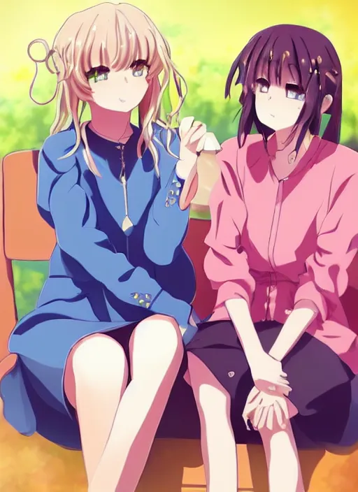 Image similar to two beautiful mothers sitting across from each other, summer clothes, gorgeous faces, thick lines, cinematic lighting, detailed anime art