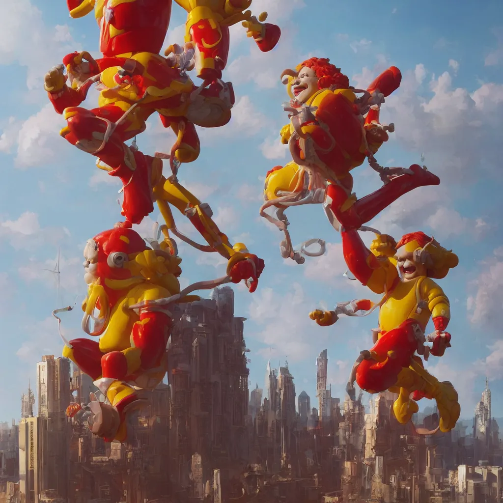 Image similar to ronald mcdonald statue in the world by beeple, darek zabrocki, tyler edlin, jordan grimmer, neil blevins, james paick, natasha tan, highly detailed, ultra detailed, ultra realistic, trending on artstation