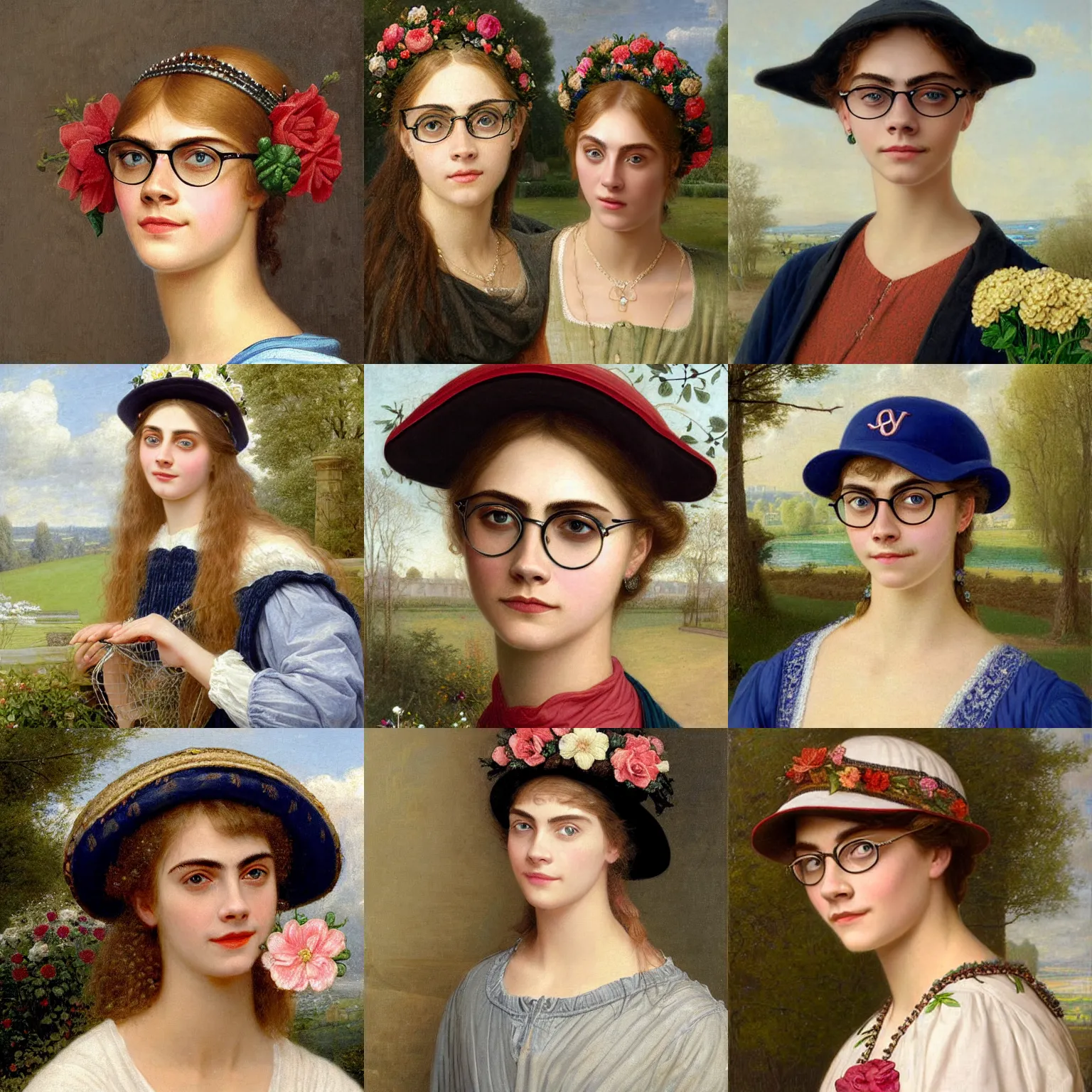 Prompt: a portrait painting of smiling Cara Delevingne without makeup wearing a glasses and a baseball cap with embroidered flowers by Edmund blair leighton