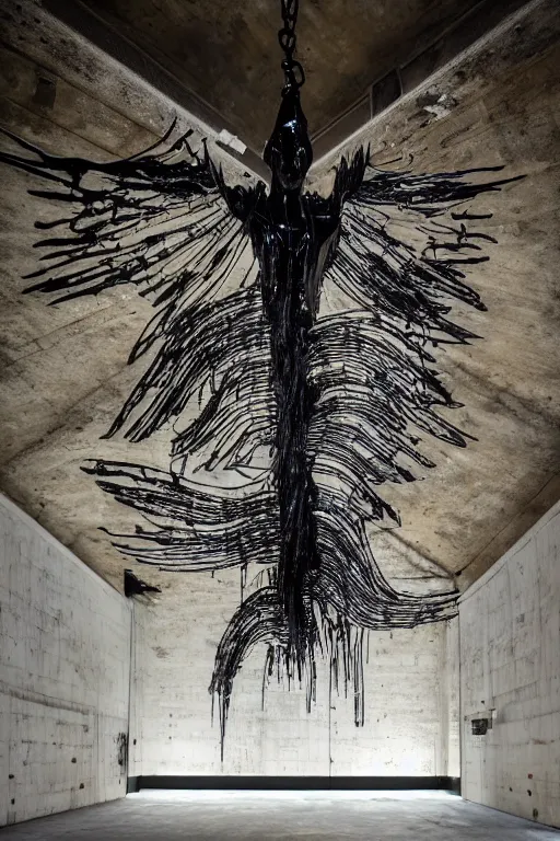 Prompt: ASYMMETRICAL irregular brutalist black-metal winged biblical-angel sculptures made of glossy black liquid latex and industrial hardware, jagged spiraling shapes, hanging from ceiling in abandoned basement, designed by nancy grossman, anish kapoor, herman nitsch, 8k, hyperrealistic, hyper-detailed, highly textured, gloss finish, dark volumetric lighting