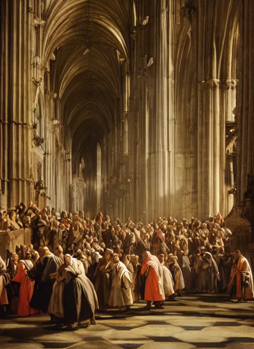 Prompt: elisabeth louise vigee - le brun painting of large crowd of medieval monks in giant in a gothic cathedral interior raising new magical glowing spirit, old master painting with stunning lighting and details photoreal dusk sun lit light,