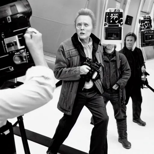 Prompt: Christopher Walken as Han Solo, behind the scenes, dslr, black and white