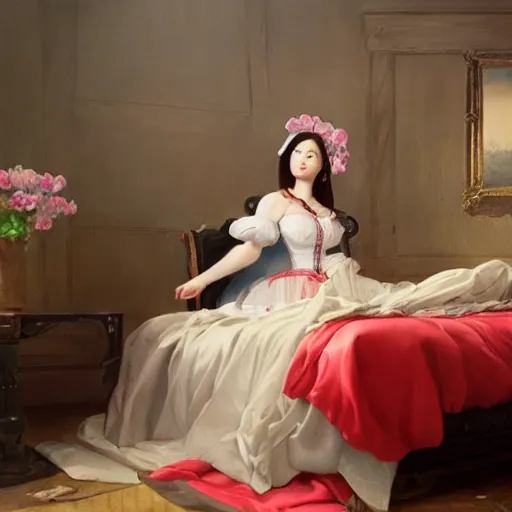 Prompt: baroque painting of D.Va (overwatch) sitting on her bed