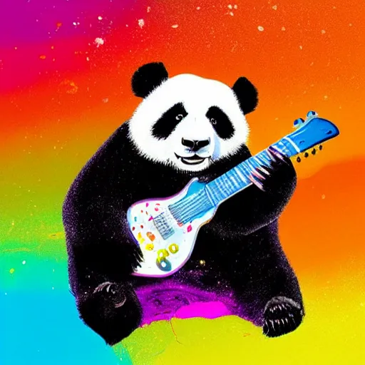 Prompt: colorful illustration of panda with guitar, colorful splatters, cassete, vinyl, by andy wrahol