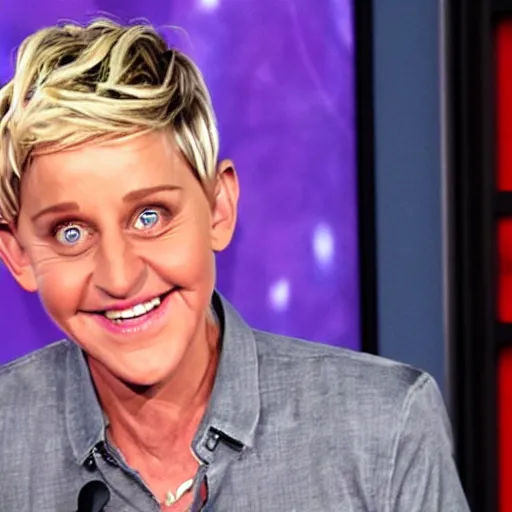 Image similar to ellen degeneres as the devil, pure evil, demonic background