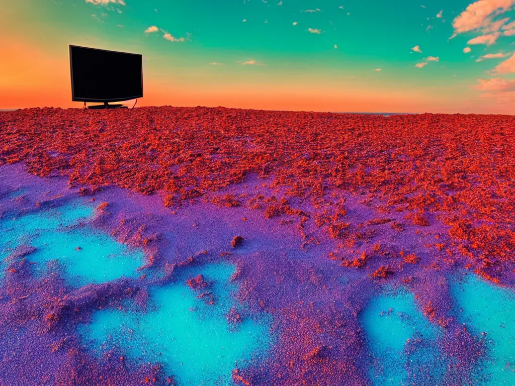 Prompt: purple television, red sand beach, green ocean, nebula sunset
