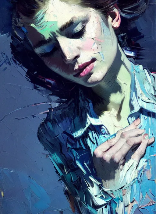 Image similar to portrait of beautiful girl, ecstatic, dancing, eyes closed, shades of blue and grey, beautiful face, rule of thirds, intricate outfit, spotlight, by greg rutkowski, by jeremy mann, by francoise nielly, by van gogh, digital painting