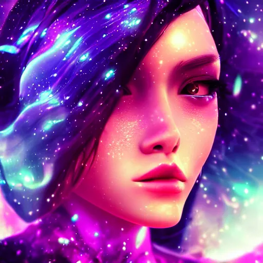 Image similar to beautiful girl galaxy background, portrait character concept style trending on artstation concept art detailed octane render cinematic photo-realistic 8k high detailed