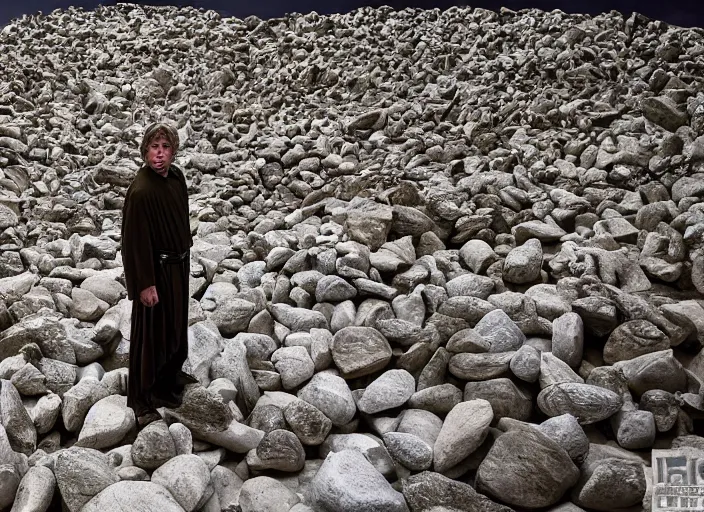 Prompt: epic screenshot from the film of Luke Skywalker, played by Mark Hammill, wearing a gold robe, he is surrounded by hundreds of rocks levitating in the air, outside marble temple, iconic scene from the last jedi, 1980s film directed by Stanley Kubrick, cinematic lighting, kodak, strange, hyper real, stunning moody cinematography, with anamorphic lenses, crisp, detailed portrait, 4k image