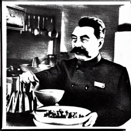 Image similar to Beautiful Food photography of Joseph Stalin Joseph Stalin in the kitchen making Gulash