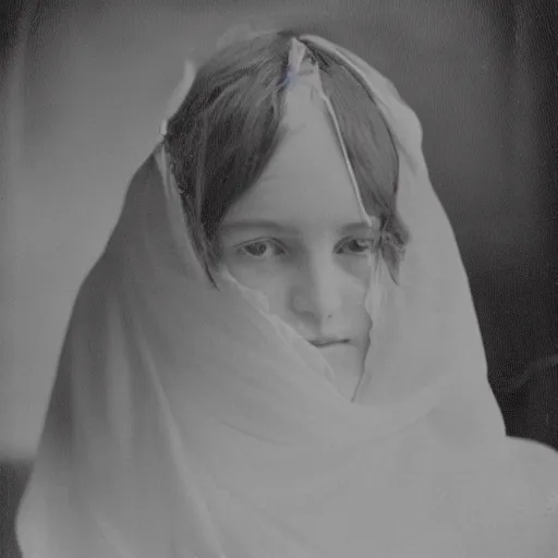 Image similar to filmstill photography of female face covered with white translucent blanket, old victorian room