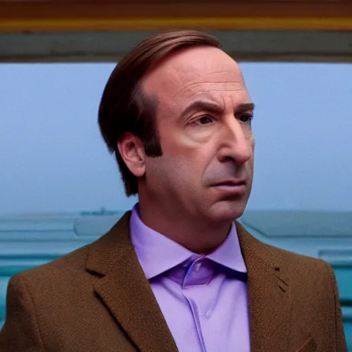 Image similar to Still frame of Saul Goodman in a Wes Anderson movie, symmetrical framing, long shot, pastel colors