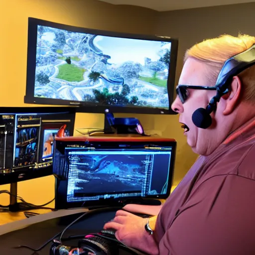 Image similar to obese Adam West wearing a headset yelling at his monitor while playing WoW highly detailed wide angle lens 10:9 aspect ration award winning photography