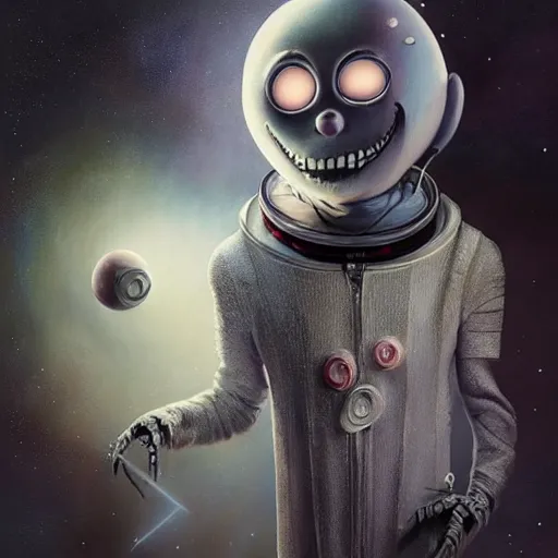 Prompt: michal karcz surrealism Pastel painting of the end of an astronaut happy in the galaxy. , in the style of jack skellington, in the style of a clown, loony toons style, love theme, detailed, elegant, intricate, 4k, Renaissance painting