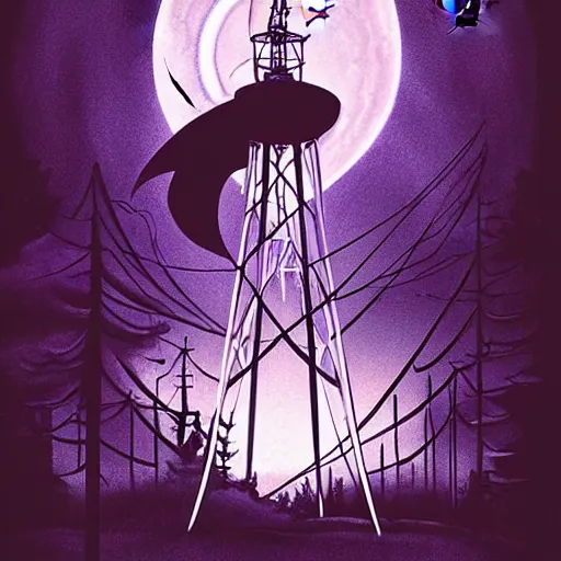 Prompt: artgerm, norman rockwell, abigail larson, purple color pallete, welcome to night vale, radio tower with black hole above it, spooky strange weird quirky, cartoon, 2 d, chiral lighting