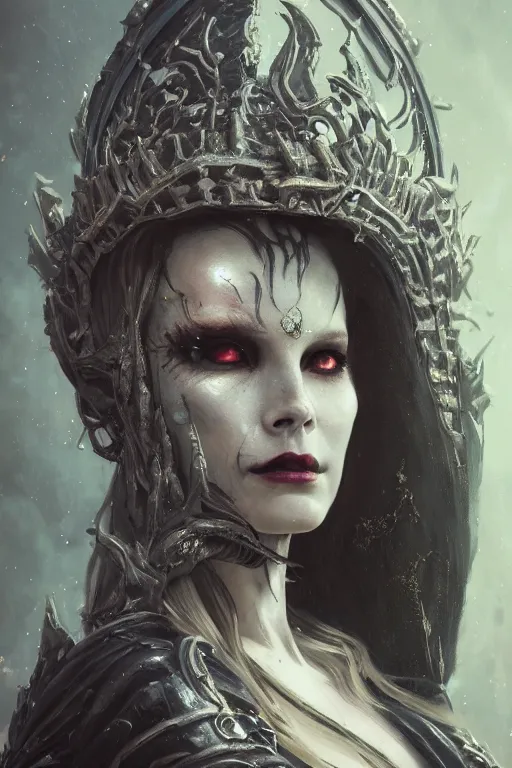 Prompt: an attractive portrait of lady death as a goddess by Greg Rutkowski, Sung Choi, Mitchell Mohrhauser, Maciej Kuciara, Johnson Ting, Maxim Verehin, Peter Konig, Bloodborne, macro lens, 35mm, 8k photorealistic, cinematic lighting, HD, high details, atmospheric,