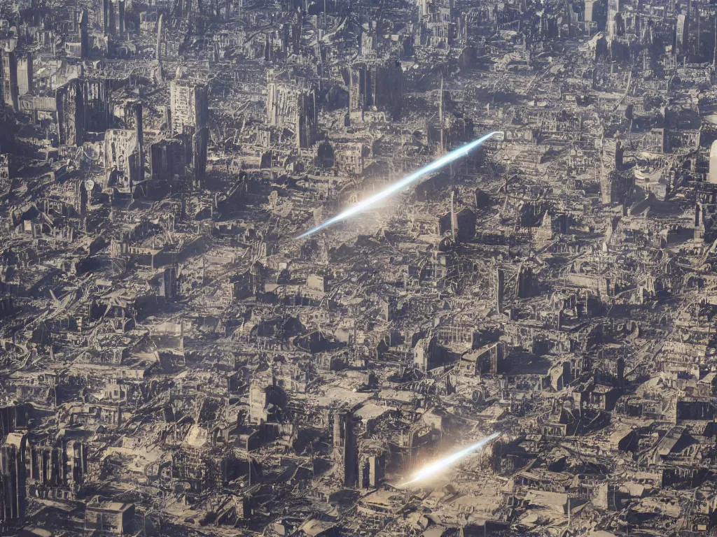 Image similar to city is being destroyed by a falling meteor, view from above, explosion, shreds, ruins, hyperrealistic