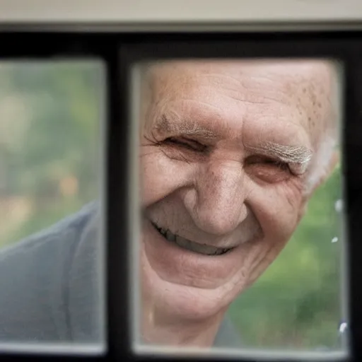 Prompt: a smiling old man seen through a dirty window