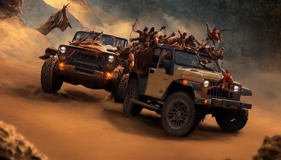 Image similar to mahindra thar, tribe members attacking, action scene, an epic fantasy, dramatic lighting, cinematic, establishing shot, extremely high detail, photorealistic, cinematic lighting, artstation, by christopher nolan, asphalt 9