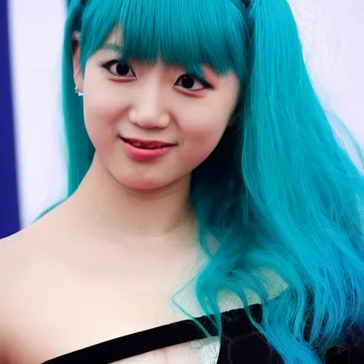 Prompt: photo still of actress miku hatsune with cyan hair, on the red carpet