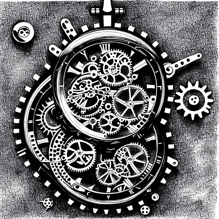 Image similar to a black and white drawing of variety of sea life and mechanical gears cogs inside a watch, a microscopic photo by ernst haeckel, zbrush central, kinetic pointillism, intricate patterns, photoillustration