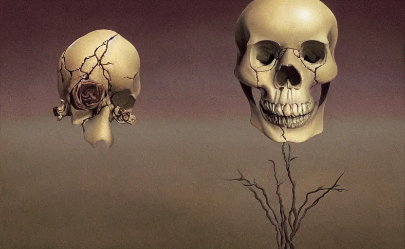 Image similar to a surrealistic painting of the slate theory origin and a human skull, in the style of rene magritte and zdzislaw beksinski and mark ryden, digital art, detailed masterpiece