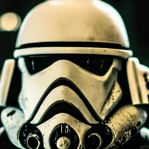 Image similar to close - up cyberpunk stormtrooper, battle scars, moody lighting, 8 k, shallow depth of field, cinematic lighting,