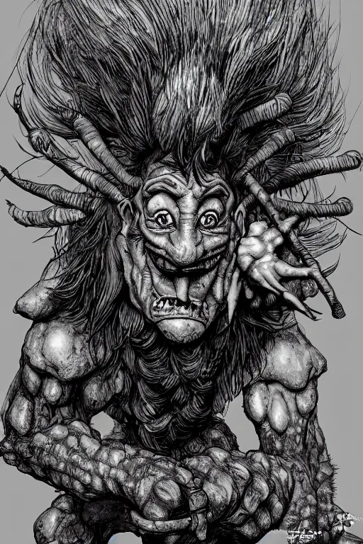 Image similar to hunched troll with a horn on his head, fantasy, highly detailed, digital art, sharp focus, trending on art station, kentaro miura manga art style