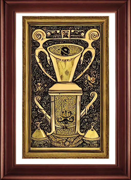 Image similar to sloth as the king of cups, copper cup, coper crown, poster framed, intricate details, medieval art style, high contrast, posterized