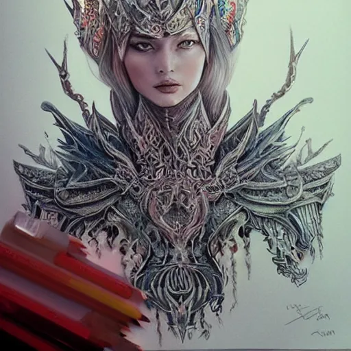 Image similar to hyper realistic pencil drawing of a eldritch queen, intricate detail, beautiful, battle armor, war, fight, light, dragon, colorful by anna dittmann-C 6