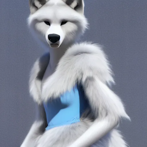 Prompt: 3 d render, well toned, large tall, female anthropomorphic wolf, blue fur and scales with white spots and wings on her back, icey blue dress, fur covering her chest.