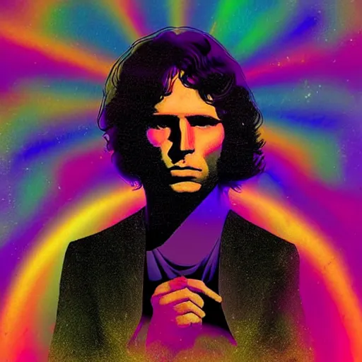 Image similar to A festival poster of Jim Morrison in the Astral Plane, haunting digital art