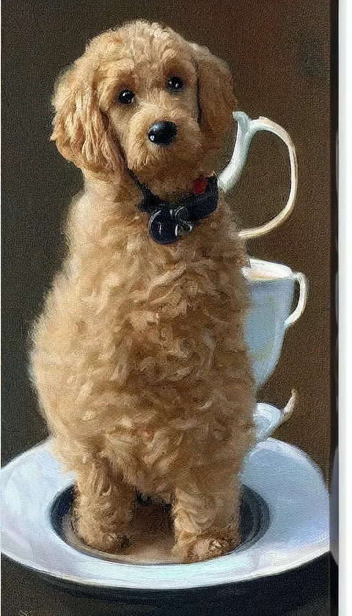 Image similar to painting of tiny goldendoodle dog in a teacup, by Peder Krøyer, dramatic lighting, golden hour, adorable, intricate detail, canvas print