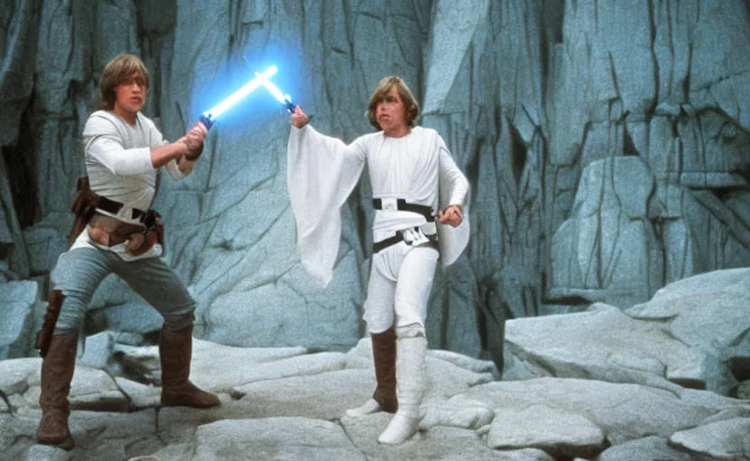 Prompt: screenshot portrait shot of Luke skywalker, played by mark hammill, he hold a lightsaber, facing off against a female sith lord woman in white, outside the rocky Jedi Temple, scene from The Lost Jedi Star Wars film made in 1980, directed by Stanley Kubrick, serene, iconic scene, hazy atmosphere, stunning cinematography, hyper-detailed, sharp, anamorphic lenses, kodak color film, 4k