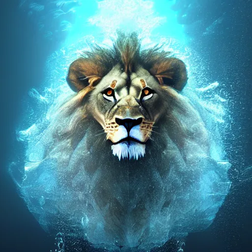 Image similar to a male lion's face breaching through a wall of water, headshot, water sprites, splashing, deep blue ocean, highly detailed, realistic digital art, trending on artstation